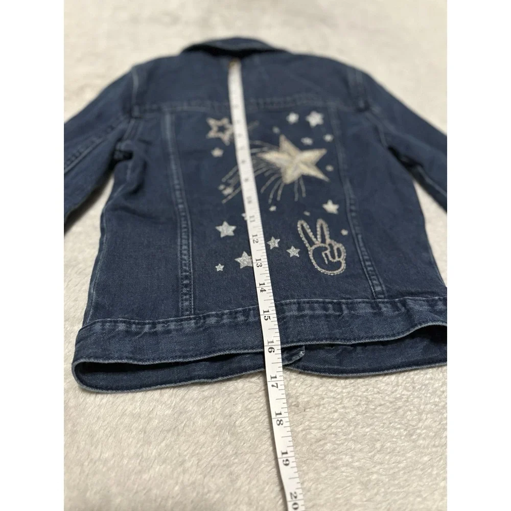 Gap Kids Girls Small Blue Denim Button Jacket Moto Kitten Cat Print